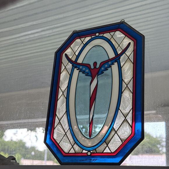 Lavaggi Signed American Angel Sun Catcher Stained Glass Metal Frame Chain Rare - Picture 9 of 11